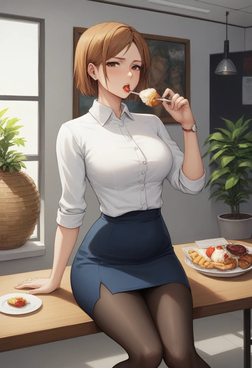 masterpiece,best quality,best details,nsfw,1 girl,short hair,brown hair,brown eyes,precise fingers,dress shirt,skirt,long black tights,long sleeve,meal,a lot of food on the table,belly feels a little bloated,sit on a chair,underground room,trapped underground room,Kugisaki Nobara,anime,