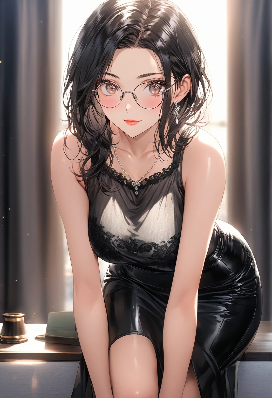 ((highest quality)), ((masterpiece)), (detailed), (front view), (one girl), sexy, shiny skin, glossy skin, height 168cm, bust 120cm, medium size breast, hourglass body, housewife, black hair parted bangs, A mother with warm eyes, Wearing round glasses, Looking at viewer with gentle eyes, wearing a sleek, silk camisole, paired with a high-waisted pencil skirt that ends just above the knee. while the skirt's fabric hugs her figure elegantly. Paired with classic pumps, minimal jewelry, and a stylish leather watch, this outfit is polished and professional, enhancing her graceful and poised appearance. The fabric is slightly translucent in the sunlight.