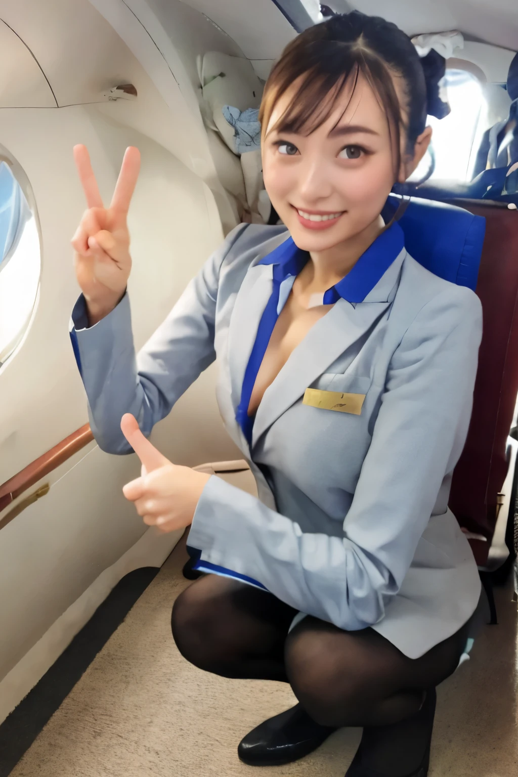  best quality、、 ultra high resolution、masterpiece、Clear photo、Professional Lighting、smile、 very cute girl 、 very cute Yoda snow 、  Very Delicate and Beautiful 、( big erect nipples、  cleavage visible  )、Ultra slim、Slender body、 thin waist、 beautiful legs with tails、( Stewardess、 wearing uniform )、(Squat:1.6)、 belly shortcuts to let the coach touch your body、 brown hair、Full body images、Expose the clutch 、 the crotch is slightly visible、( beautiful fingers、 beautiful fingers先、Beautiful fingers、 peace sign、 double piece、 anatomically correct、Accurate hand drawing:1.2)、Precise finger structure、Correct Hand Structure