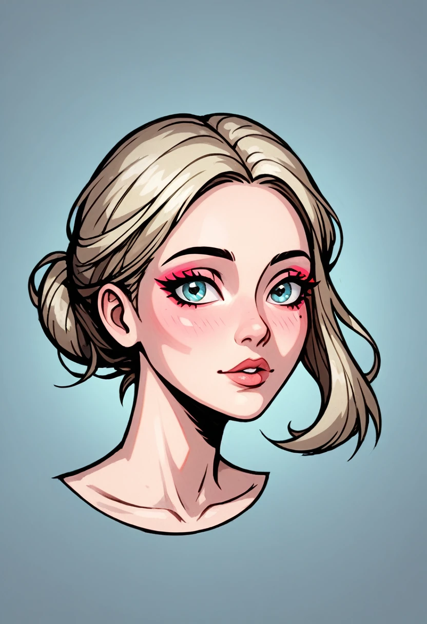 Create a digital artwork of a young woman with delicate features and a soft, thoughtful expression. She has light blonde hair styled in a low bun, with a few loose, wispy strands framing her oval-shaped face. Her eyebrows are fine, light, and slightly arched, complementing her gentle gaze. Her eyes are large and rounded, with long lashes, and they have a soft, light blue or gray hue, giving her a calm and introspective look. Her nose is small and rounded at the tip, while her lips are full, with the upper lip slightly thinner than the lower, tinted in a natural pink shade. She has a graceful and serene appearance, with light makeup to enhance her natural beauty. The setting is softly lit, with a minimalist or neutral background, emphasizing her delicate features and tranquil expression