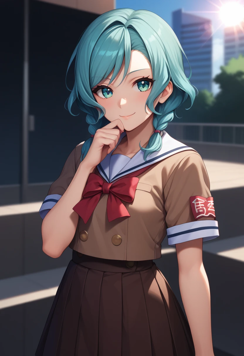 score_9_up, score_8_up, score_7_up,score_6_up, score_5_up, score_4_up, ,1 girls, solo, twoheads, 2heads, conjoined, ((2 different hairstyles)), hikawa sayo, long hair, aqua hair, aqua eyes,
hikawa hina, aqua hair, aqua eyes, short hair,
 ribbon, buttons, red bowtie, armband, lens flare, sailor dress, out of frame, brown skirt, white sailor collar, brown dress, pleated dress, hanasakigawa school uniform, flirting, cowboy shot, city background