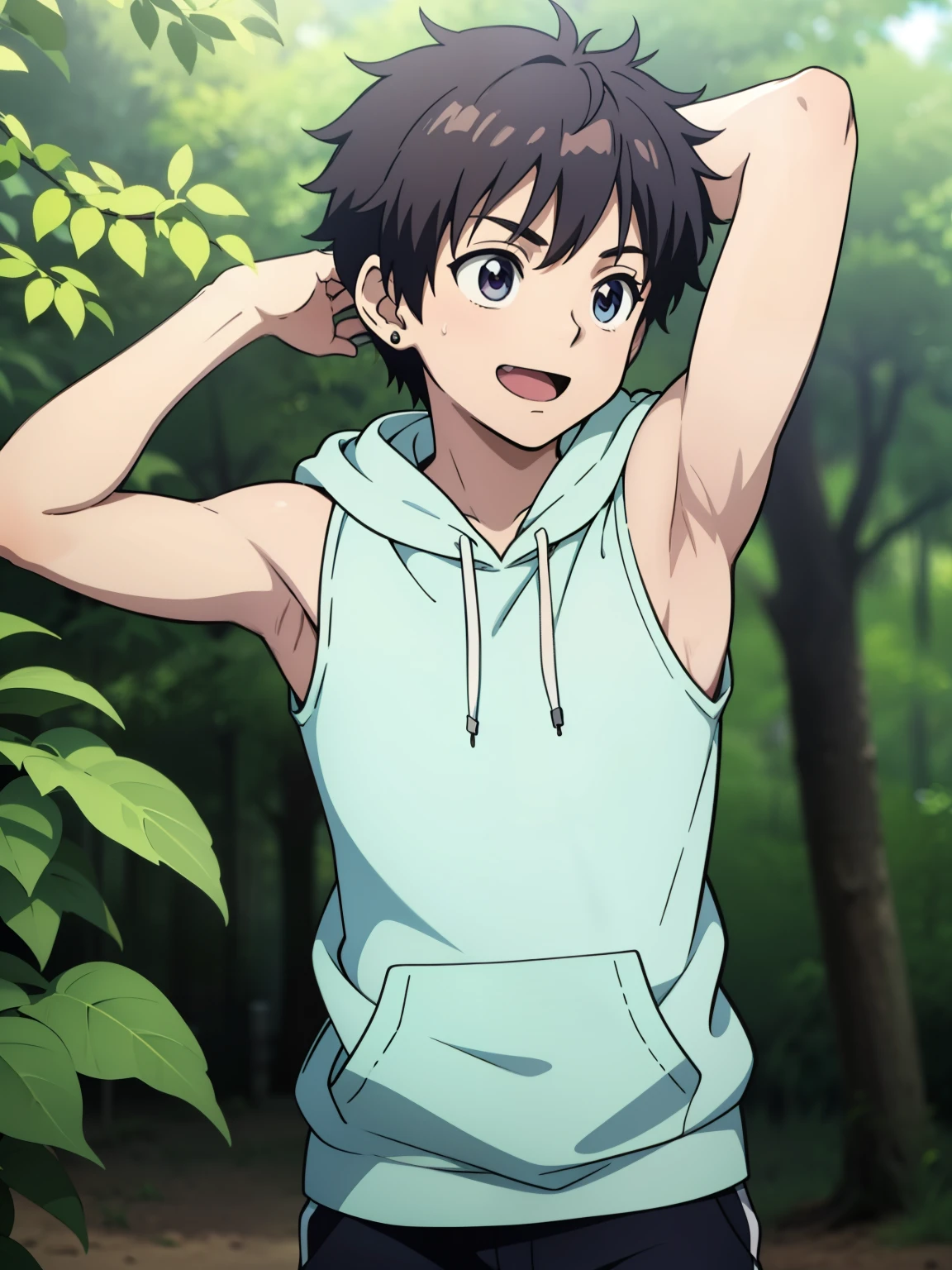 Highres, Masterpiece, Best quality at best,Best Quality,hight quality, hight detailed, Anime style, 1boy, Boy, Shota, Solo person, hansome, short hair, Earring, Sleeveless hoodie, Upper body, Summer day, Laugh, Slim body, Blurry beckground, Seen from the front, (Showing armpit:1.3), ( boy), (very small and short body), Uhd