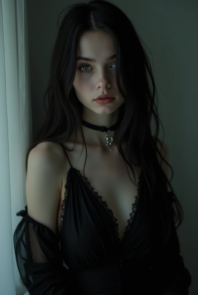 Masterpiece, Best Quality, A very beautiful and mysterious woman with long straight black hair, big blue eyes and pale complexion, gothic, from Madrid, 22 years, very elegant, sexy, hair like Cleopatra