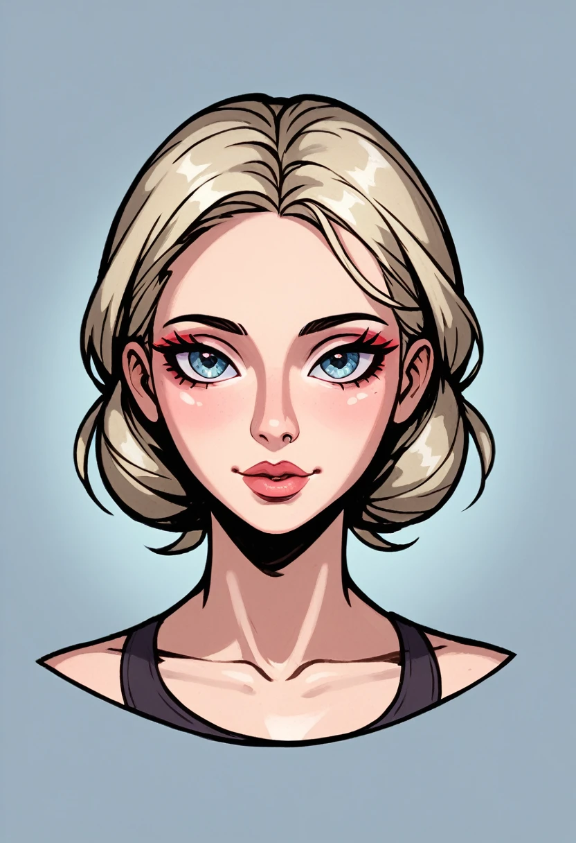 Create a digital artwork of a young woman with delicate features and a soft, thoughtful expression. She has light blonde hair styled in a low bun, with a few loose, wispy strands framing her oval-shaped face. Her eyebrows are fine, light, and slightly arched, complementing her gentle gaze. Her eyes are large and rounded, with long lashes, and they have a soft, light blue or gray hue, giving her a calm and introspective look. Her nose is small and rounded at the tip, while her lips are full, with the upper lip slightly thinner than the lower, tinted in a natural pink shade. She has a graceful and serene appearance, with light makeup to enhance her natural beauty. The setting is softly lit, with a minimalist or neutral background, emphasizing her delicate features and tranquil expression. Model sheet