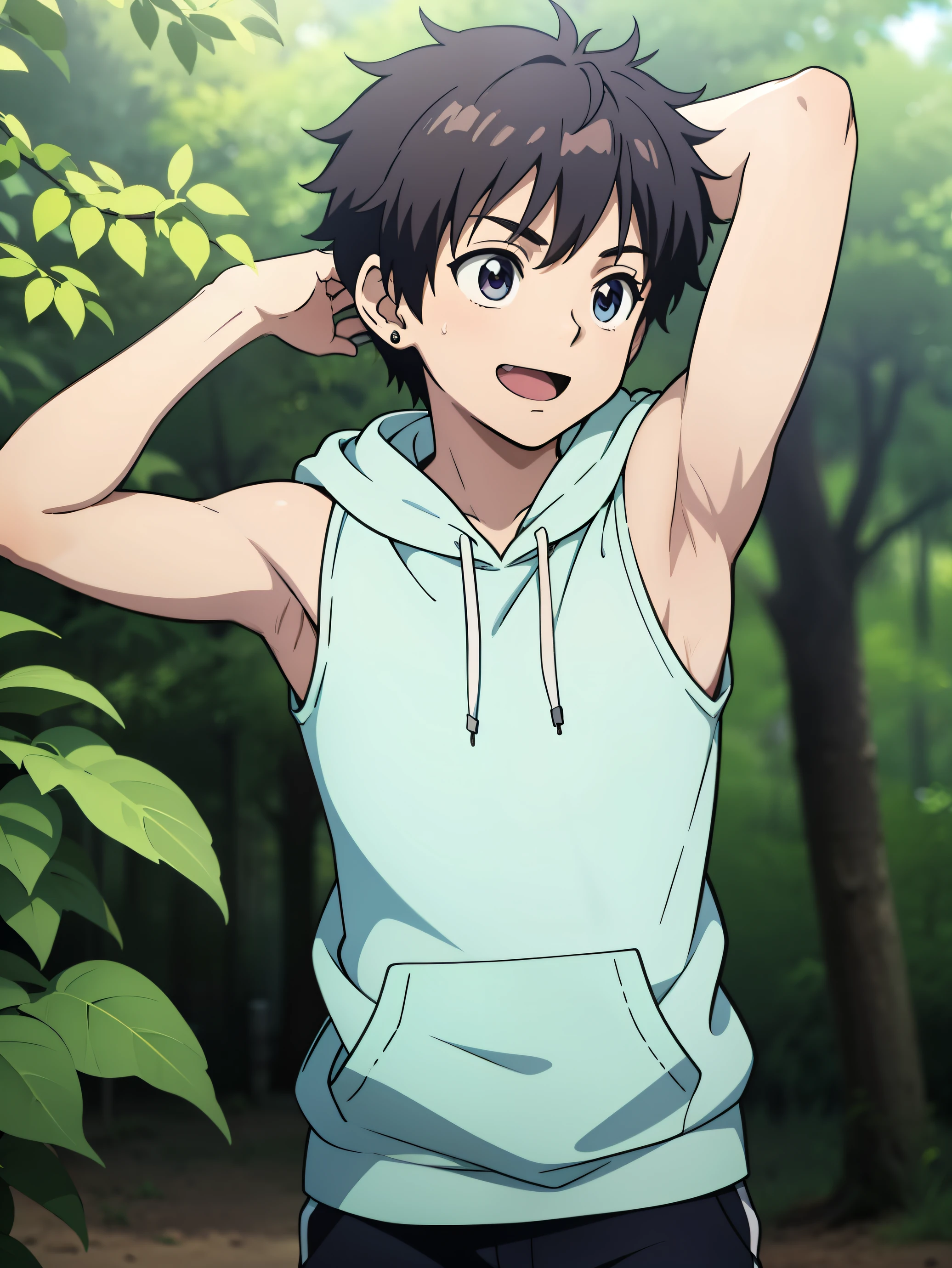 Highres, Masterpiece, Best quality at best,Best Quality,hight quality, hight detailed, Anime style, 1boy, Boy, Shota, Solo person, hansome, short hair, Earring, Sleeveless hoodie, Upper body, Summer day, Laugh, Slim body, Blurry beckground, Seen from the front, (Showing armpit:1.3), (very young boy), (very small and short body), Uhd