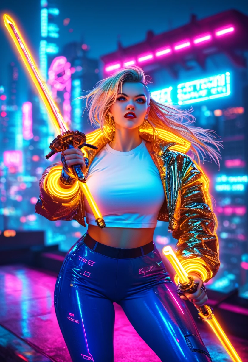  score_9, score_8_up, score_7_up , a mesmerizing,, european girl, holding big weapon, long hair, dynamic action pose, 1girl, blonde hair, holding a light sword, edgy undercut, long hair, 1girl, blonde hair,, (futuristic golden jacket with glowing neon lights), ((blue pants with glowing neon lights)), white tshirt, (futuristic hair cut), elbow gloves, sexy curves, red lipstick, chubby woman, (wide hips:1.5). mature female, brown eyes, earrings, mature female, neon-lit cityscape, high-tech aesthetics, reflective surfaces, night-time urban setting, vibrant color palette, dynamic action pose, cyberpunk city background, skyscrapers background, (((on a rooftop))), explotions on background, eyelashes, large breasts, (perfect eyes). perfect teeth, (perfect fingers), red lips, ((big hips)), (hourglass body), (wide hips:1.5), ,earrings, Perfect Hands, hourglass body shape, ((blurry background)), (perfect eyes), 4K,good quality,ultra detailed,more detail XL,FuturEvoLab-lora-mecha,  Extremely detailed face and features, intricate cyberpunk armor, bright neon lights, advanced technology, Futuristic cityscape, dramatic lighting, cinematographic composition, vibrant colors, neon, bright, hyperdetailed, photorealistic,