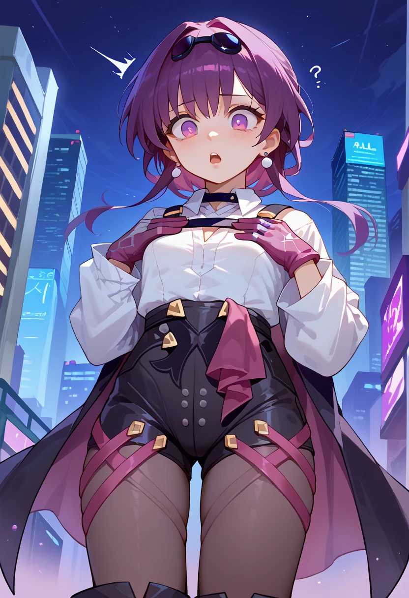 score_9, score_8_up, score_7_up, 1girl, solo, (****), kfka, hands on chest, purple eyes, purple hair, bangs, sidelocks, earrings, white shirt, collared shirt, long sleeves, harness, small breasts, purple gloves, black shorts, high-waist shorts, purple thigh straps, pantyhose, single thigh boot, standing, shocked, shaking, looking down, futuristic city, night, centered image, AgeRegression, Oversized Clothes, loose shirt, loose jacket, loose boots, loose shorts, loose shorts, loose gloves, loose pantyhose