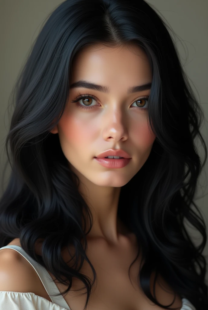 white girl with black hair with brown eyes full body.