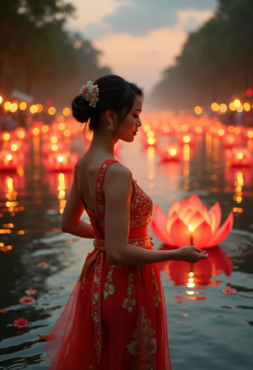 สุขสันต์วันลอยกระทง

Beautiful girl wearing Thai costumes, charming faces. Loi Krathong is one of the most charming Thai traditions in Thailand. It is usually held in November during the full moon day of the twelfth lunar month. It is a beautiful event that symbolizes the end of the rainy season and is a time when Thai people pay respect to the Goddess of Water, the Goddess of Water.During this enchanting festival, the night sky is illuminated with countless floating lanterns, each carrying the hopes and prayers of those who release them. Families gather by rivers and lakes, crafting delicate krathongs—small, lotus-shaped rafts made from ba leaves, flowers, and candles. As they set their krathongs adrift, they make wishes for good fortune, love, and happiness in the coming year.

The atmosphere is filled with laughter and joy, as traditional music and dance performances echo through the air. Young women, adorned in exquisite traditional attire, gracefully dance to celebrate the occasion, showcasing the rich cultural heritage of Thailand. The shimmering waters reflect the glow of the candles, creating a mesmerizing spectacle that captivates the hearts of all who witness it.

Loi Krathong is not just a visual feast; it is also a time for reflection and gratitude. People take a moment to express their appreciation for the water that sustains their lives, acknowledging its importance in their daily existence. This beautiful tradition fosters a deep connection to nature and a sense of community, as friends and families come together to share in the festivities.

As the night unfolds, the sight of thousands of krathongs floating away serves as a reminder of the beauty of letting go—releasing past grievances and welcoming new beginnings. Loi Krathong is a celebration of light, love, and the enduring spirit of the Thai people, making it a truly unforgettable experience for both locals and visitors alike.