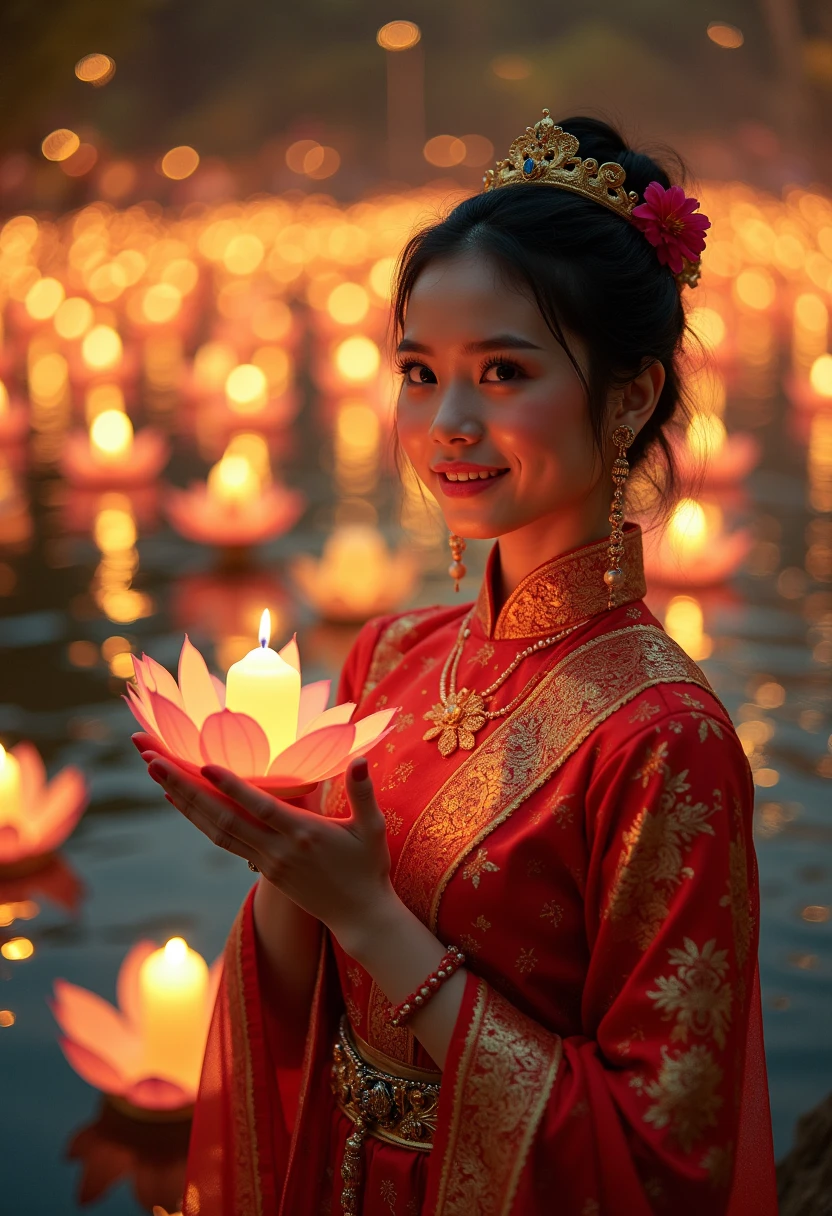 สุขสันต์วันลอยกระทง

Beautiful girl wearing Thai costumes, charming faces. Loi Krathong is one of the most charming Thai traditions in Thailand. It is usually held in November during the full moon day of the twelfth lunar month. It is a beautiful event that symbolizes the end of the rainy season and is a time when Thai people pay respect to the Goddess of Water, the Goddess of Water.During this enchanting festival, the night sky is illuminated with countless floating lanterns, each carrying the hopes and prayers of those who release them. Families gather by rivers and lakes, crafting delicate krathongs—small, lotus-shaped rafts made from ba leaves, flowers, and candles. As they set their krathongs adrift, they make wishes for good fortune, love, and happiness in the coming year.

The atmosphere is filled with laughter and joy, as traditional music and dance performances echo through the air. Young women, adorned in exquisite traditional attire, gracefully dance to celebrate the occasion, showcasing the rich cultural heritage of Thailand. The shimmering waters reflect the glow of the candles, creating a mesmerizing spectacle that captivates the hearts of all who witness it.

Loi Krathong is not just a visual feast; it is also a time for reflection and gratitude. People take a moment to express their appreciation for the water that sustains their lives, acknowledging its importance in their daily existence. This beautiful tradition fosters a deep connection to nature and a sense of community, as friends and families come together to share in the festivities.

As the night unfolds, the sight of thousands of krathongs floating away serves as a reminder of the beauty of letting go—releasing past grievances and welcoming new beginnings. Loi Krathong is a celebration of light, love, and the enduring spirit of the Thai people, making it a truly unforgettable experience for both locals and visitors alike.