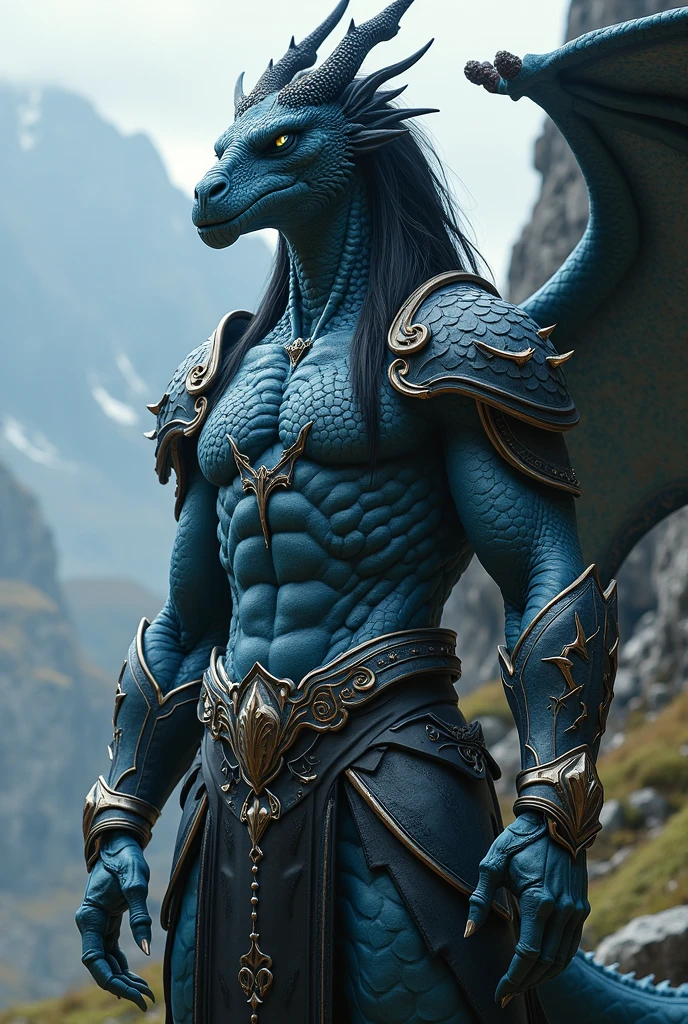 Mejor calidad, obra maestra, Hombre,half dragon, Furry, Dragon, Azul, escamas Azules, traje revelador, de pieles de animal, Dos alas grandes, Dragon