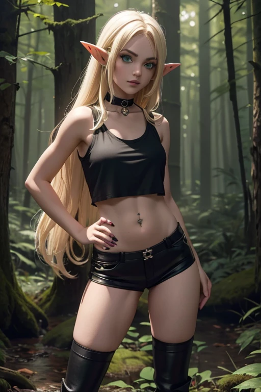 (gothic)1 elf girl, with pointy ears, long hair, blonde, green-eyed, white pele, de minishort preto,  in short black tank top t-shirt ,  belly sample, belly button piercing, In black choker , in black boots,  in black socks above the knees, (standing), (Forest environment)