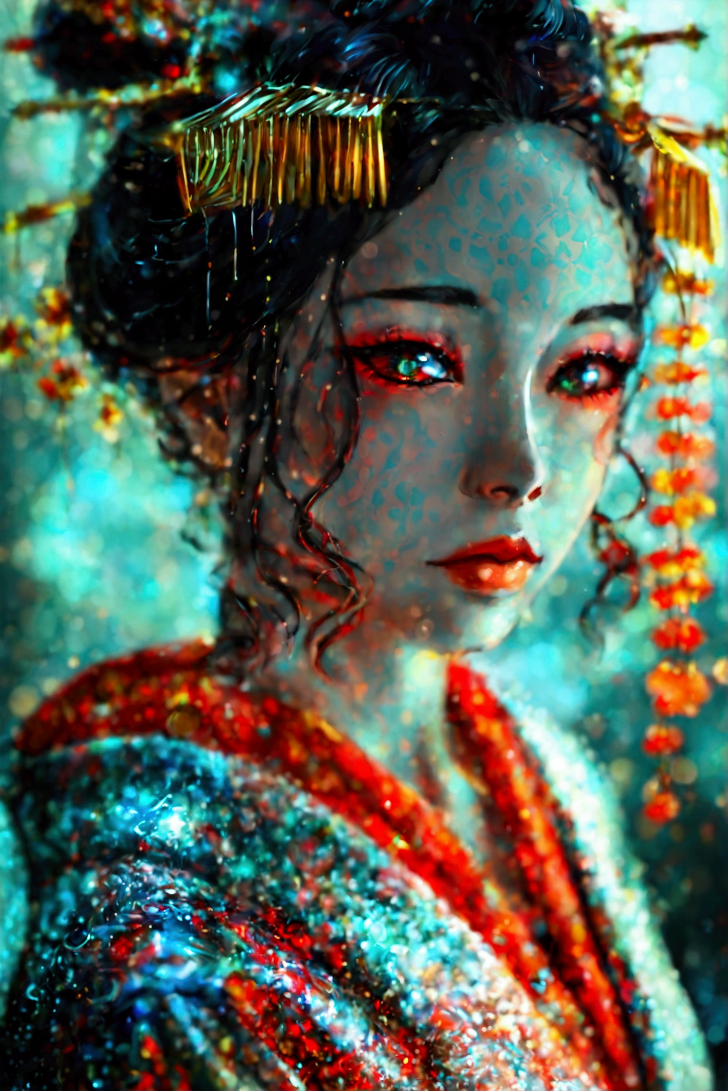 A picture of a Japanese woman in her 20s,Made of shiny white and silver translucent glass and plastic, geisha makeup and hairstyle , Silver metal internal body mechanism, dynamicposes, flowing organic structure , glowing golden circuit , colorful Neon trim , glowing circuitry , Neon trim , Depth of field focus f /2.8, Neon trim .R. H , greg rutowski