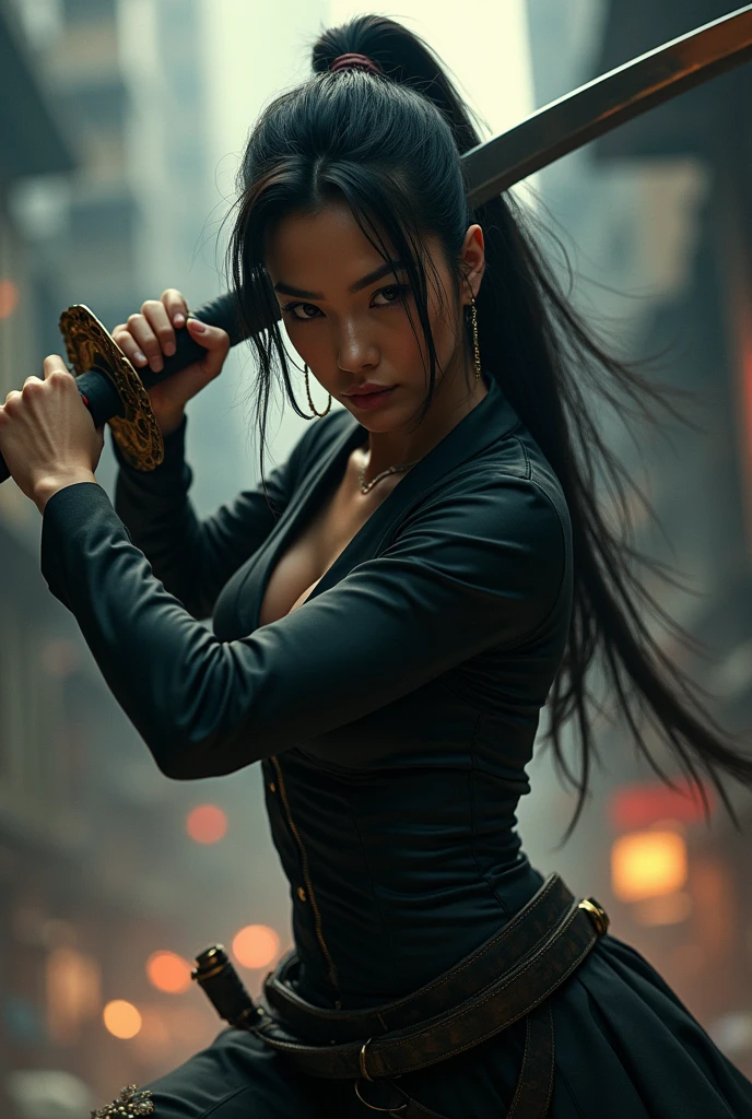 Highest quality, Realistic, Very detailed, finely, High resolution, 8k、Beautiful Japanese Ninja、Tie your hair、Run、Double teeth、A face with dimples、Beautiful clavicle、Beautiful inner thighs、Delicate eyes、Facing forward、looking at the camera、Shuriken in the inner thigh、Torn clothes、With belly button piercing