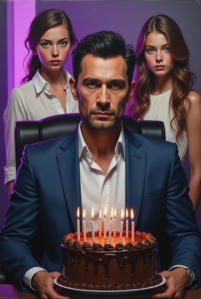 realistic art oil painting : Russian man, Russian features /Italian, with black hair , in a suit, with hard features and bluish gray eyes , defined features, sitting in an office chair in front of a chocolate birthday cake, atras de el una niña pequeña castaña de Russian features s/Norwegian , de Honey eyes y una mujer ruso, Russian features s/Norwegian , brown hair, Honey eyes , full lips , defined features, dressed in a white dress , illuminated by purple lights