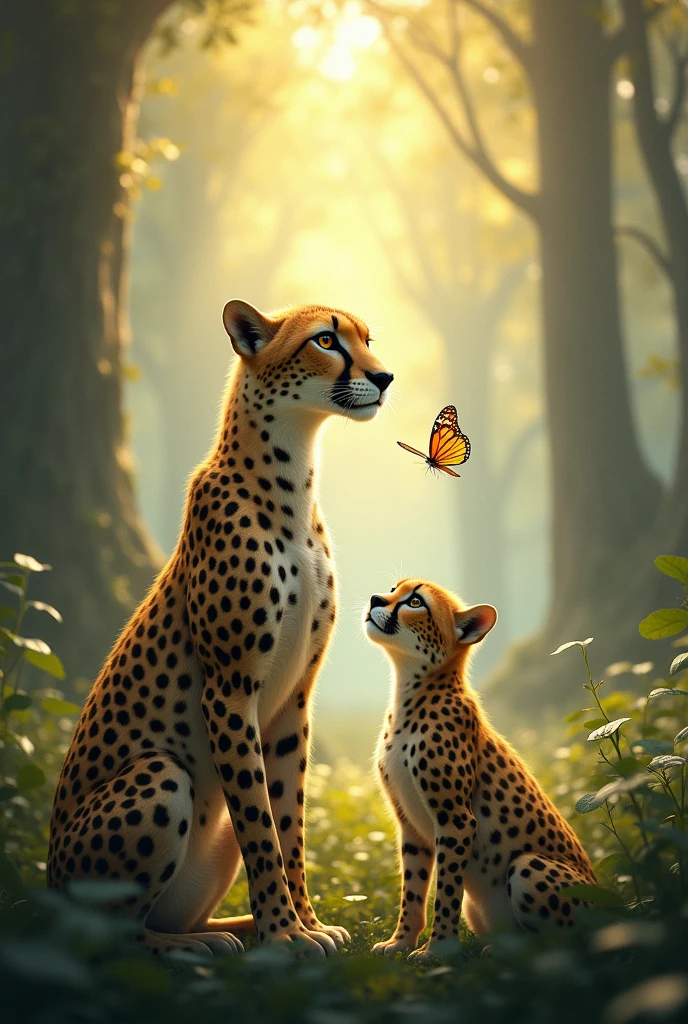 I want to create a realistic image of a tropical forest where a panther and a leopard live happily together., An owl, a monarch butterfly, a hummingbird and a black and white badger