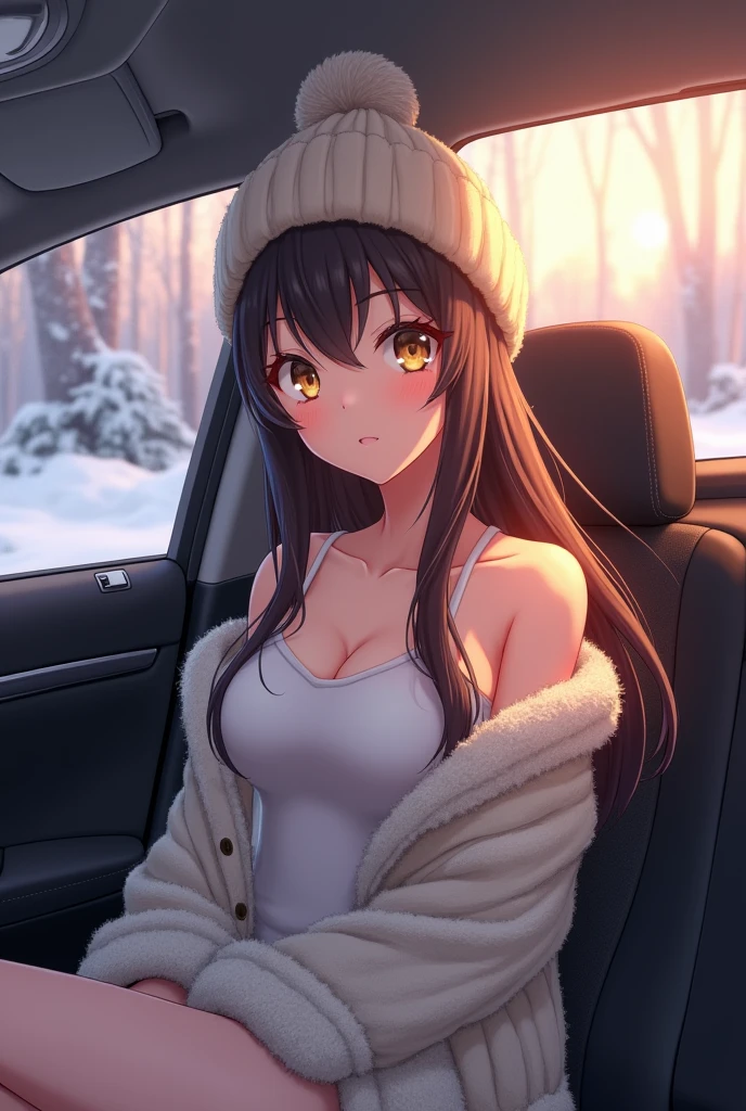 A goddess-like anime girl with an hourglass figure and radiant features, sitting elegantly in the front passenger seat of a car parked by a snowy forest. She’s wrapped in a chunky cable-knit off-the-shoulder sherpa jacket that falls gracefully off her shoulders, revealing a hint of a fitted white tank top underneath. She wears a cream ribbed beanie over her long, flowing hair, and her expression is soft and warm as she gazes outside at the snow-covered trees. The winter sunlight filters through the forest, casting a serene glow across her face and the interior of the car.

(anime girl, gorgeous goddess-like, sitting in front passenger seat, off-the-shoulder sherpa jacket, fitted white tank top, cream ribbed beanie, hourglass figure, snow-covered forest, serene winter light, best quality:1.2, high detail, soft warm glow, tranquil atmosphere).