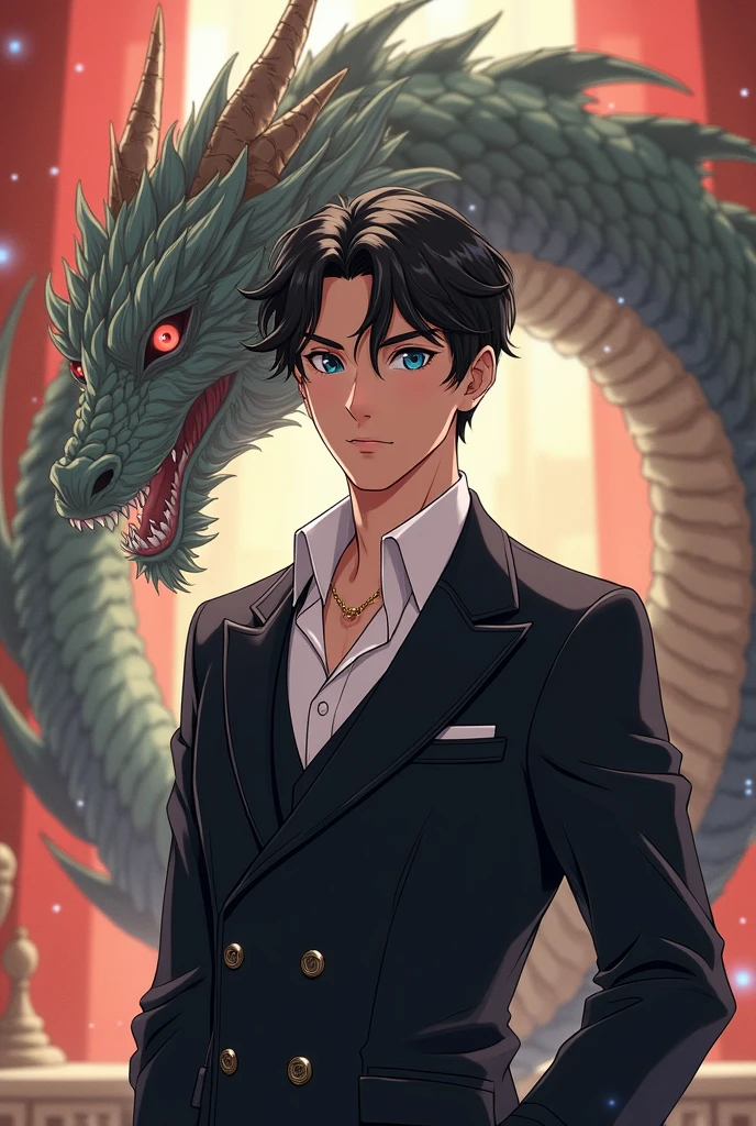1. A stands in front of a cyan dragon,Handsome,handsome and dashing,Young age,specifics,Cyan clothes,Green eyes