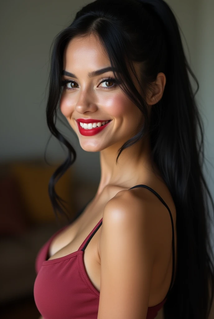 close-up, extreme close-up, close-up portrait, portrait, ultra realistic, photography, long black straight hair in a ponytail, elegant hair, (30 years old, hazel eyes, hourglass figure, perfect fit body, natural big breasts), firtatious look, crimson red lipstick, femme fatale, long eyelashes, cat-eye make-up, sportbra, laugh, white teeth