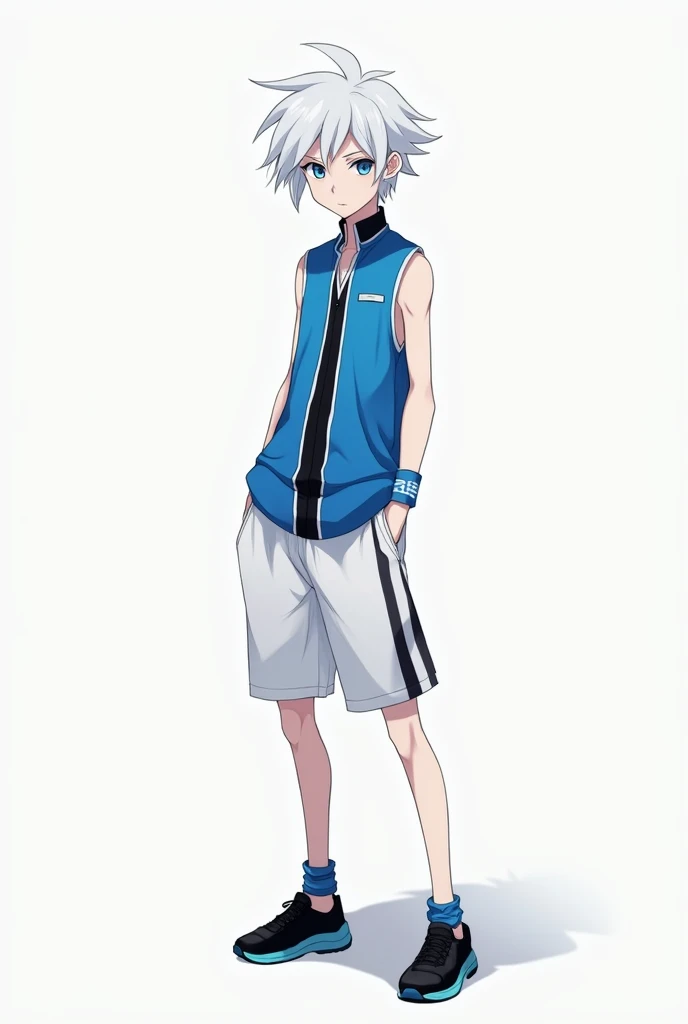 danganronpaNagitoKomaeda, masterpiece, best quality, solo, 1boy, 20 years old, looking down, smile, ((holding a beach ball)), shirtless, topless male, male swimwear, bangs, simple background, shirt, hair between eyes, collarbone, white hair, grey hair, male focus, medium hair, open jacket, grey eyes, black background, messy hair, <lora:danganronpaNagitoKomaeda:0.7>