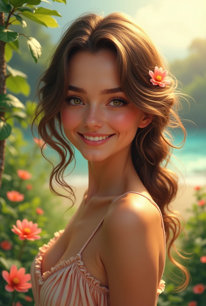 Beautiful brunette, who wears a belle robe (22 ans, visage innocent, naturally wavy hair, blue eye), ((Selfie on the skin du corps, a happy one)), head of&#39:artwork, best quality, ultra-detail.