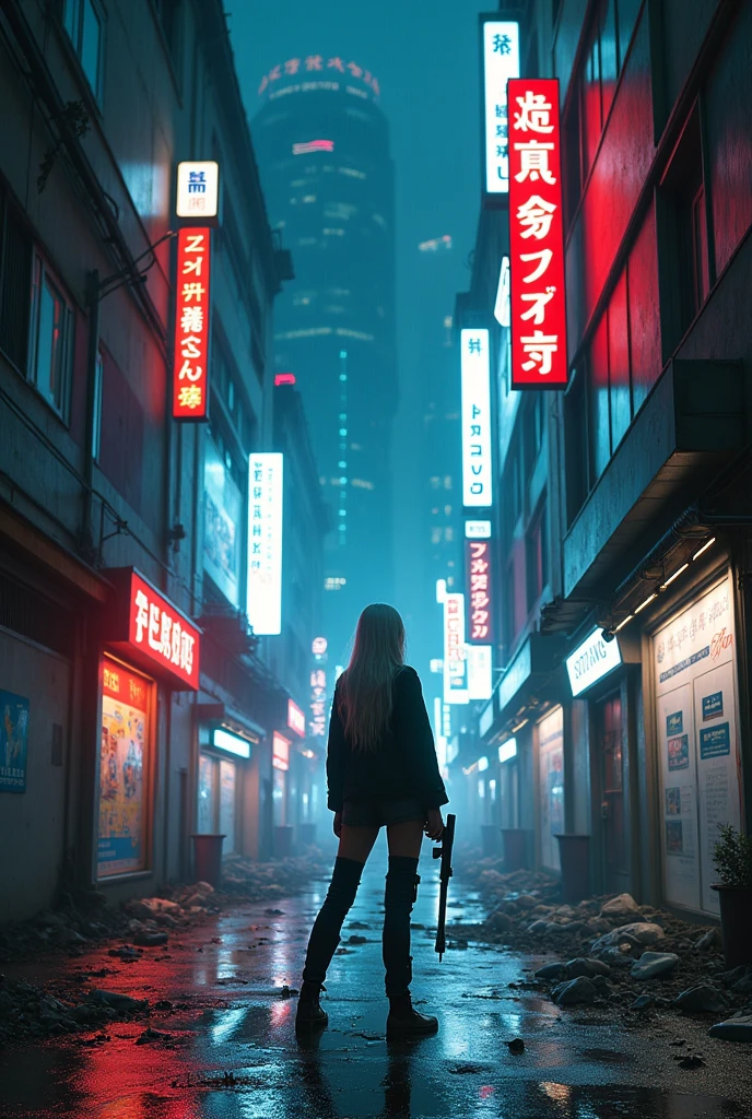 a neon sign on a building in a dark alley from Blade Runner 1982, apocalyptic, studio lighting, wide angle photo, high definition, realistic, cinematic 3D rendering,hyper-realistic,4k,ultra-detailed, realistic, perfect lighting, 1girl, medium hair, (caramel blonde hair with highlights:1.2), low ponytail, high heels, short skirt, looking at viewer, facing viewer, <lora:breastsizeslideroffset:-0.3> <lora:Blade Runner v.2.2:0.7>