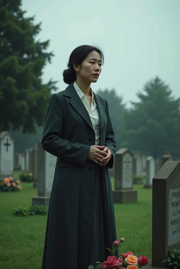 Best quality at best,8K,ultra - detailed,shot from far away,Front Shooting,the only person,Japanese young widow,with short black hair,dark lipstick,heavy makeups,There a mole in the corner of the left eye,Wearing black mourning clothes,put on black gloves,white brooch,looking at tombstone,Above thighs,Worship at the tombstone,real looking skin,long slim figure,Skirt lift,Lift the skirt,(Lace underwear)(tmasterpiece),(hyper HD:1.0),(Exquisite),(funeral home),(8K,high high quality),jpn,In the background are men attending a funeral,Express sadness)
