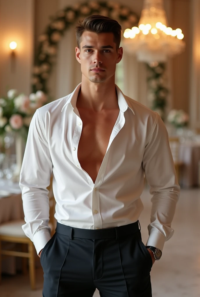 A handsome and attractive man with a more masculine appearance, short straight hair slicked back, brown eyes, and lightly tanned skin. He has a slightly fuller face and a build that is slightly above average weight, but with discrete, well-defined muscles. He is dressed in a stylish and modern outfit, always exuding an air of sophistication and luxury. The setting is in Dubai, featuring iconic landmarks and the opulent architecture of the city. Behind him is a Lamborghini, adding to the sense of wealth and extravagance. The environment remains predominantly white and bright, with high-end elements like grand chandeliers, marble floors, and opulent furniture. The overall atmosphere is sophisticated, clear, and modern, emphasizing wealth and luxury. His face is highly realistic, capturing fine details and lifelike expressions.