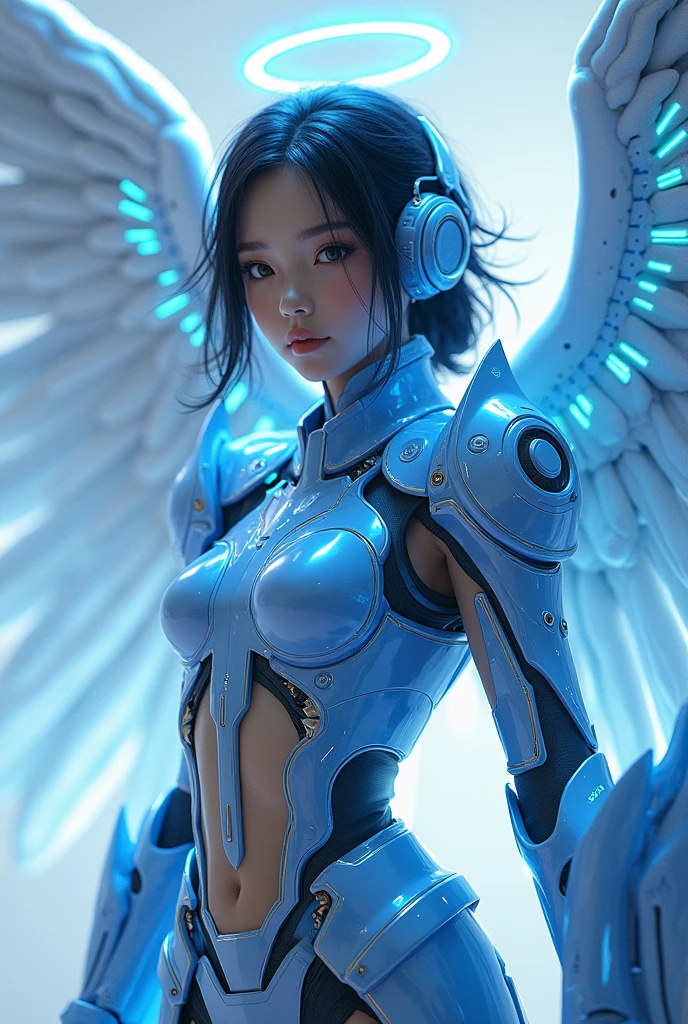 cyborg, girl, beautiful girl, cute, sexy, strong, slender, delicate, smile, bikini, high leg, metallic, ultra-colored, paisley, headgear, mandala, near future, heaven, angel, feather, wing, spiral light