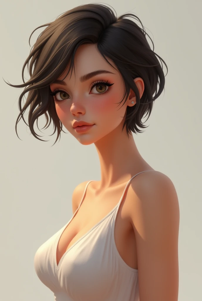 (photorealism:1.2), cartoon beautiful woman, short hair woman Tan skin, wearing a tank top, big breasts.