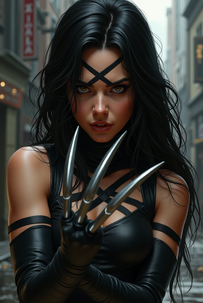 X-23 From X-Men with Wolverine claws coming out from between Her Knuckles and Hairy Arms