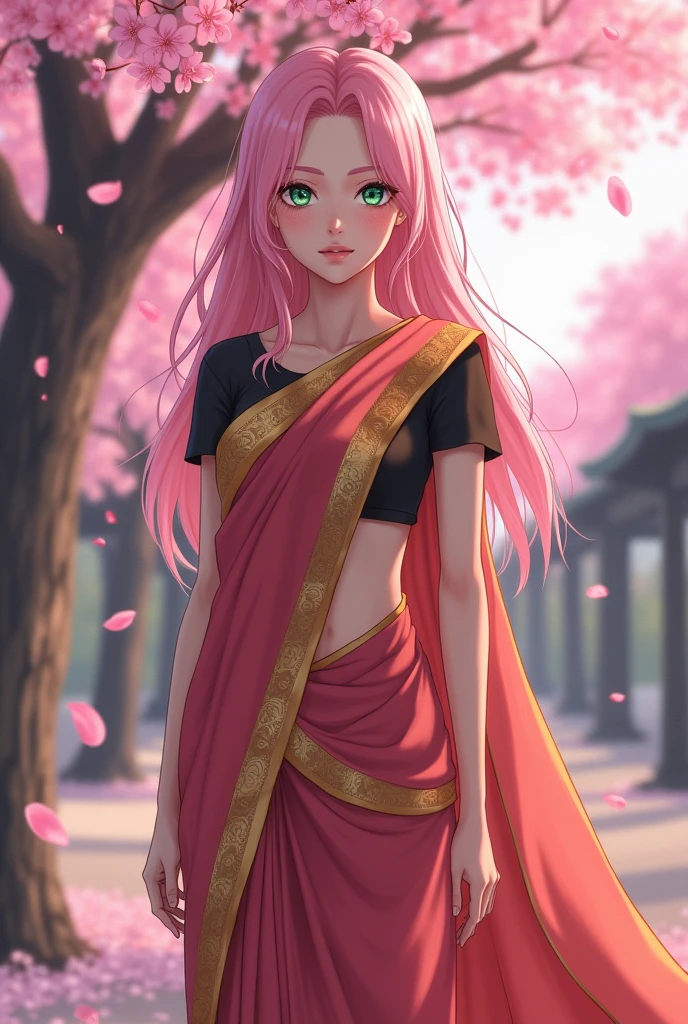 masterpiece, absurdres, sakura\(boruto\), 1girl, solo,mature female, wearing indian saree, saree has black blouse, golden dupatta and golden pallu, looking at viewelling petals), perfect composition, detailed lips, big breast, beautiful face, body proportion, blush, (pink lips), long pink hair, hair over shoulder, Green-eyed, soft gaze, super realistic, detailed, photoshoot, realistic face and body, standing under a sakura tree, full body picture