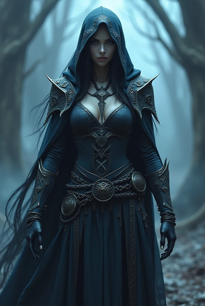 (masterpiece, best quality:1.3)
1girl, solo, long hair, breasts, red eyes, cleavage, medium breasts, upper body, white hair, horns, hood, cape, armor, tree, glowing, pointy ears, colored skin, feathers, elf, shoulder armor, pale skin, glowing eyes, cloak, spikes, hood up, forest, pauldrons, skull, arrow \(projectile\), shoulder pads, undead, In a hauntingly beautiful, moonlit forest, a powerful and enigmatic elf stands tall, exuding an aura of dark magic and mystery. This is Sylvanas, the legendary Windrunner, inspired by the iconic character from World of Warcraft,Sylvanas's skin has a striking, ashen gray hue, a testament to her mastery over the shadows. Her pointed ears, a hallmark of her elven heritage, are adorned with intricate, silver piercings that seem to shimmer in the faint moonlight. Her eyes burn with an otherworldly intensity, as if they hold the secrets of the forest and the whispers of the wind.She wears a flowing, purple hooded cloak, its edges embroidered with intricate, silver thread that resembles the delicate patterns found on a spider's web. The cloak billows behind her like a dark cloud, as if it's alive and feeding off the shadows. A quiver full of arrows, each one meticulously crafted with razor-sharp tips and adorned with tiny, glowing runes, hangs at her hip. The arrows seem to hum with dark energy, as if they're infused with the power of the forest.In her hand, Sylvanas grasps a magnificent, ornate longbow, its wood polished to a dark, mirror-like