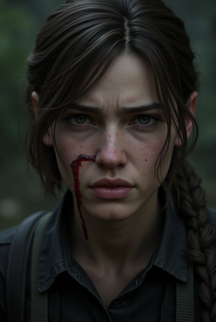 Make Elie from The Last of Us look cute Cuter Make her realistic More realistic More realistic Now I want to see her tattoo Not that one, I want to see the original tattoo that is in the game Leave it next to Joe Make a snap Elie is covered in blood The blood is on her face