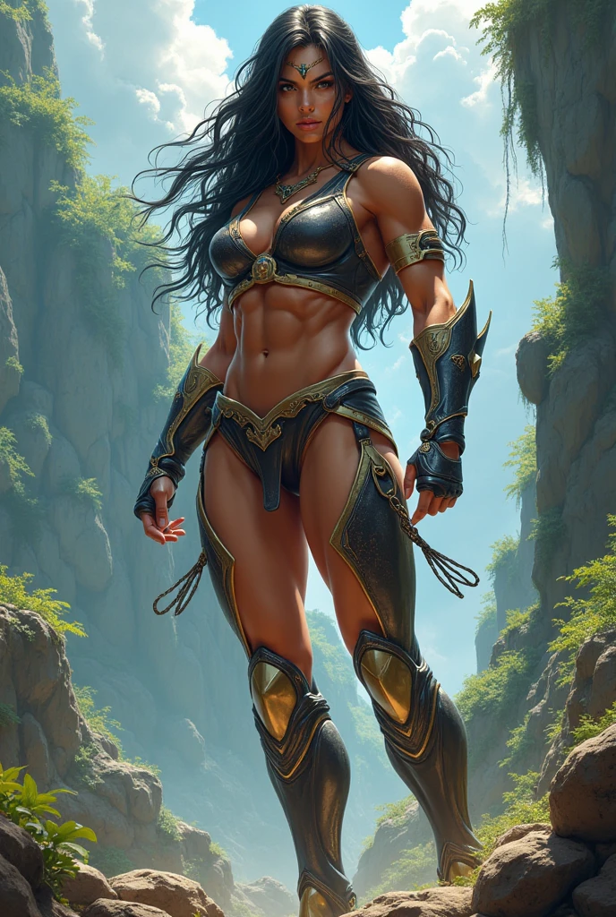 ((Top Quality, 8k, Masterpiece: 1.3)), solo, 1 girl, Beautiful girl with accentuated slender abs: 1.4, (Random hairstyle, huge breasts: 1.2), skimpy armor, Ultra detailed face, detailed eyes, muscle hips