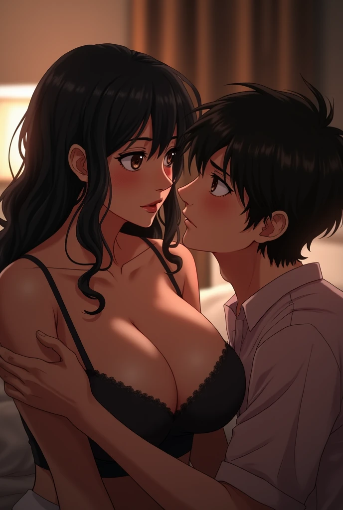 shinkai makoto, kimi no na wa., couple (1girl, Brown eyes, worried eyes, black hair, waterfall braid, red ribbon, long hair, nude,medium breast, pink nipples , nipples , arms up, hands behind head's back), face to face, passionate hug, boy lick girl chest, boy suck girl's chest, boy sucking girl's chest, boy suck and licking girl's chest,(1boy, buzzcut, muscular,open mouth, naked,) sit on bed,indoor, bed, bedroom, night,lamp