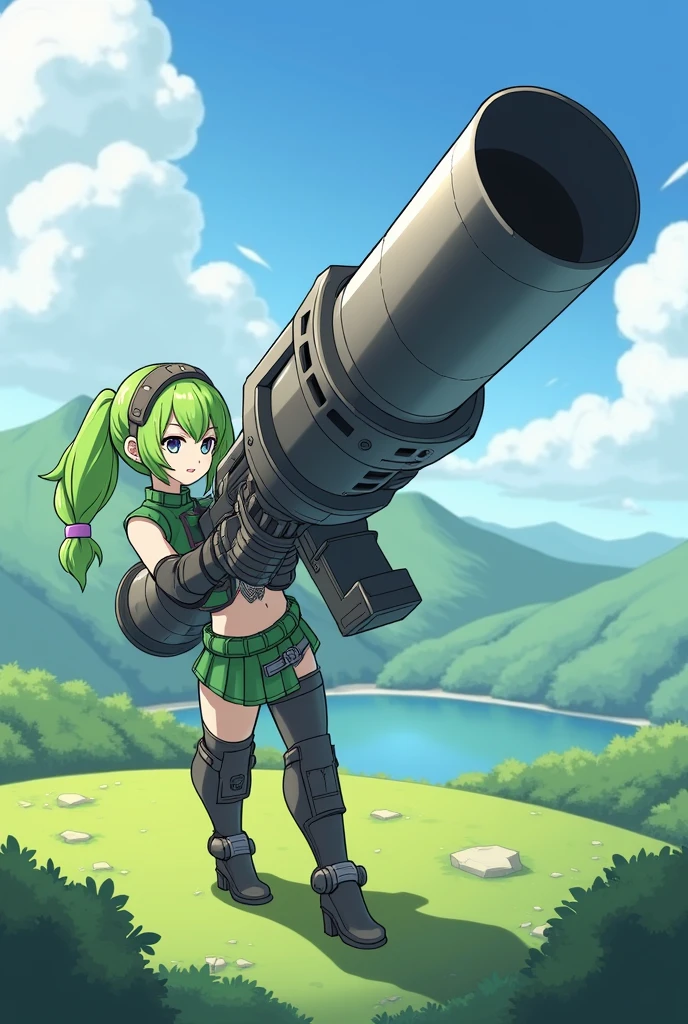 dn_archerqueen_anime, dark purple hair, gold crown, holding large metal gun with both hands, looking at camera, high definition, 4k, realistic