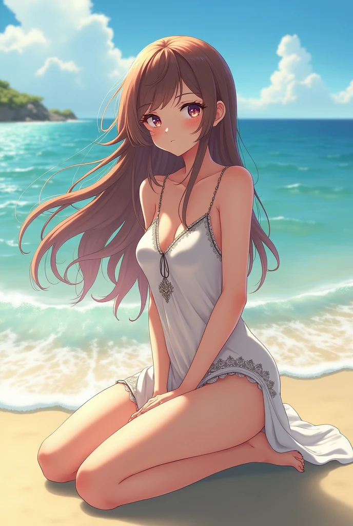 Masterpiece, high resolution, extremely detailed, photo realistic, 1girl, (((bright long brown hair, alluring brown eyes, beautiful eyes, cute eyes, cute round face, slender, skinny, tall, long legs, small waist, medium boobs:1.0, uncomfortable, embarressed, blushing, sweating, sitting on sand, butt sticking out, looking back at viewer))), ((black bikini, bikini too tight, bikini three sizes too small, bikini riding up butt)), (beach, water, sunny)