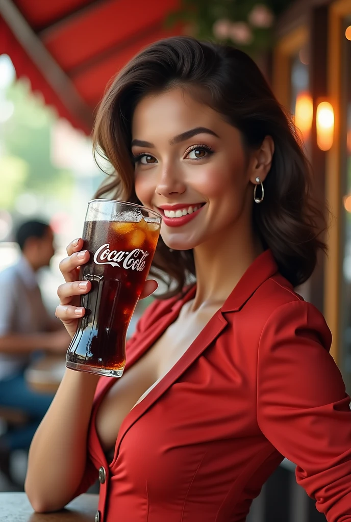 A depicted as lively and charismatic Russian Woman Holding Glass of Coca Cola, a vibrant and joyful presence,  Her hair could be styled in a playful and modern way,   Her eyes might sparkle with excitement and a sense of adventure, She could wear a stylish outfit in the iconic red and white colors of Coca-Cola, Her overall demeanor would exude positivity and a zest for life, capturing the essence of the Coca-Cola experience capturing the essence of the wine-drinking experience, Eye catching woman, Flawless woman, Medium Breast nikon d850 film stock photograph 4 kodak portra 400 camera f1.6 lens rich colors hyper realistic lifelike texture dramatic lighting unreal engine trending on artstation cinestill 800,8k,cinematic,cinematic shot, Medium shot