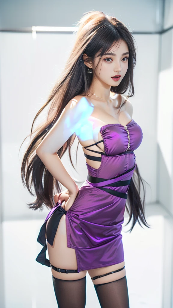 beautiful girl , sexy busty, long hair with bangs, full body portrait, White fitted pants and a white top with a purple stripe, gothic makeup high resolution 12k , perfect detailed