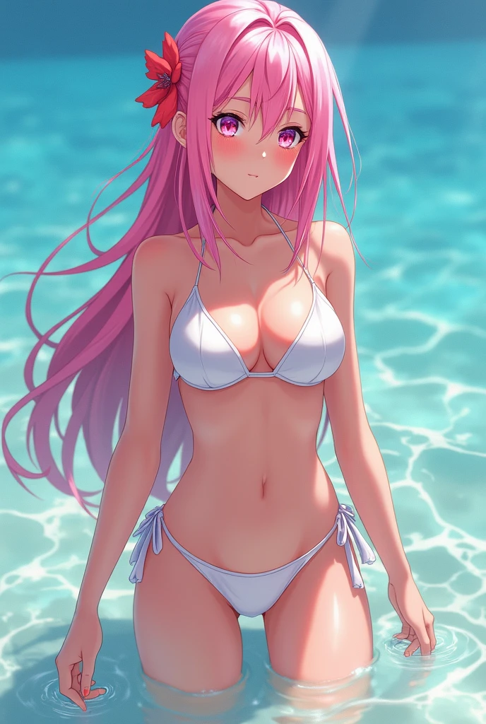 Cat girl, pink hair, smiling, perfect body, big breasts, medium thighs, very thin pink swimsuit, ((legs spread)), ((sitting)), wet, pool, high resolution, ultra hd, 8k resolution