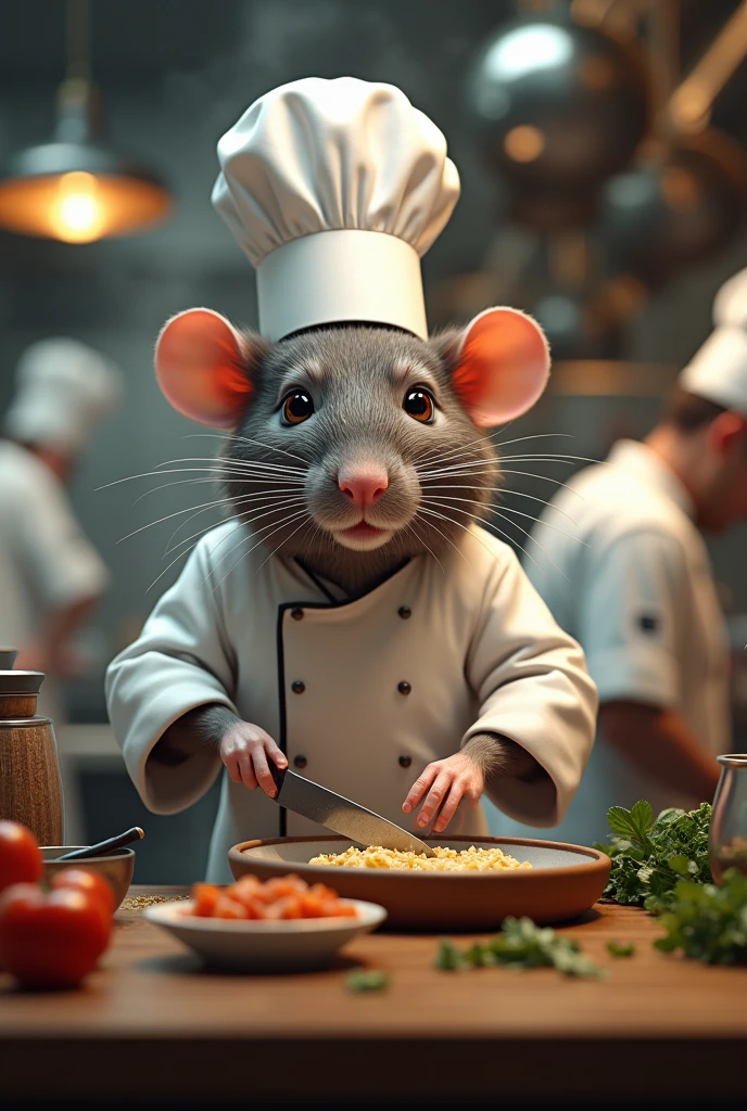 A realistic rat wearing a chef's hat cooking in a restaurant