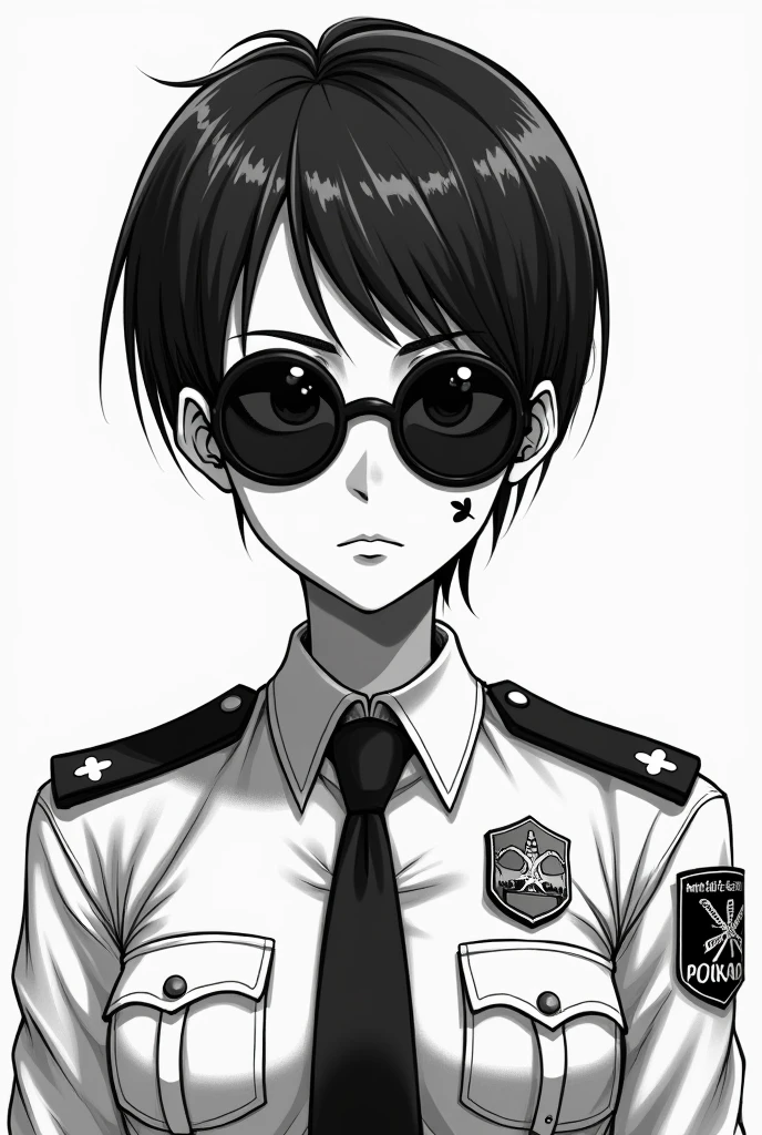 Girl correction officer, very short hair, round shades, spades tattoo on her right cheek, anime girl, hand-drawn, monochrome