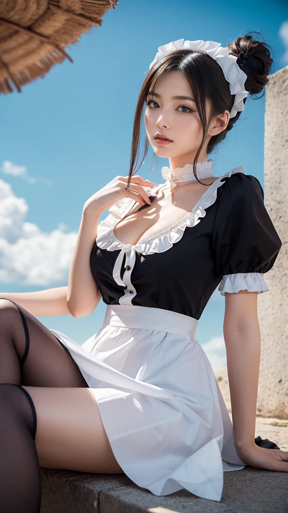 curtsy,(8k RAW photo:1.1),natural lighting,(beautiful Akihabara maid stands at English garden in black Gothic maid costume and headdress),(lift skirt showing slut between legs without lingerie :1.3),(no makeup),((cute round face)),(smiling),((realistic)),highschool student, braid hair-up and straight bangs,bright pale skin,((baby face blushing)),childish look,matt skin,no makeup,ultra cute, transparent eyes, adorable charm, elegance,Render in a realistic style with meticulous attention to detail,photorealistic, transparent air, (best quality, masterpiece, ultra detailed, ultra high res, photorealistic, raw photo, absurdres, absolutely resolution:1.3), photographed by professional photographers using the highest quality equipment