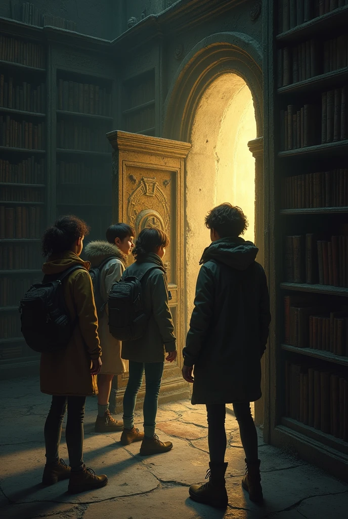 Discovering the Room with Old Books
**Visual**:
- The kids entering a dusty, cluttered room filled with old, leather-bound books and scattered papers.
- A particular book on a shelf suddenly opening on its own, with glowing light spilling from it.
- Close-up of the letter falling from the book and landing on the floor.
- The kids gathering around the letter with curiosity.

