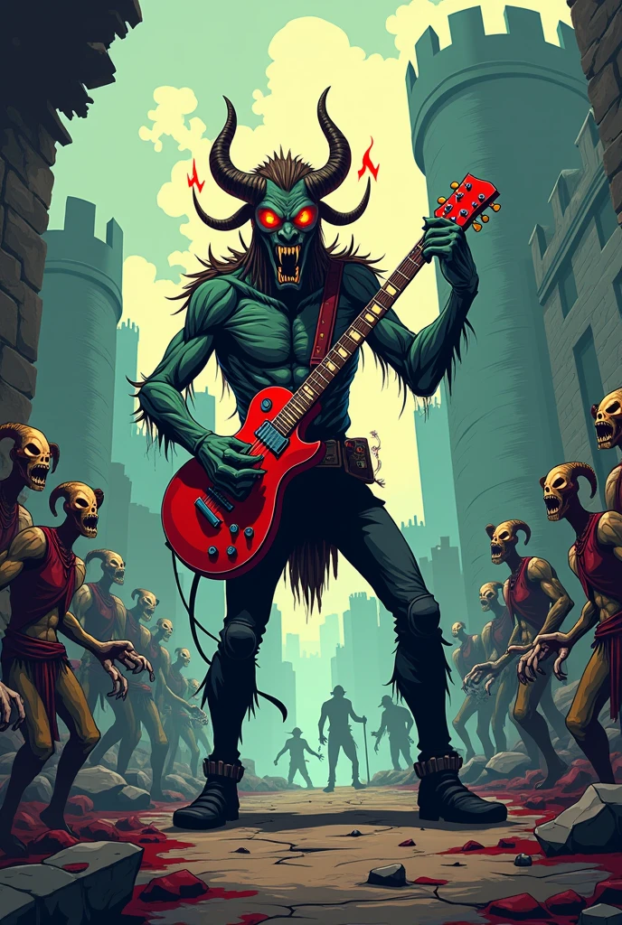 masterpiece, best quality, 8K, HDR, ultra detailed, Murray, carnage, guitar, fire, destroyed courtyard, <lora:MMMRS:1>