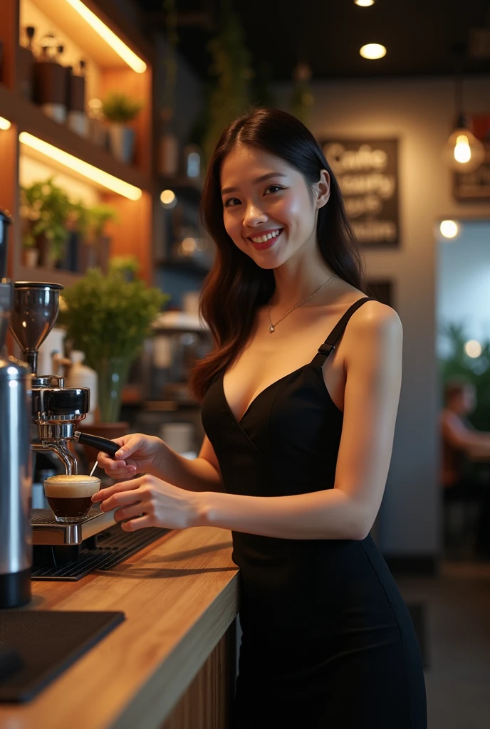 (best quality,highres), A beauty in a Starbucks uniform makes coffee, Big breast、just wearing ????? apron、full body, naughty seductive pose, vivid colors,portrait,detailed eyes and face,dark hair,beautiful lips,expressive eyes,natural lighting,smoky eye makeup,curly hair,starbucks branding,coffee machine,morning scene,hot steaming coffee cup,caffeine boost,warm atmosphere,barista style,polished nails,professional lighting,playful expression,intense gaze,aroma of freshly brewed coffee,caffeine addiction,barista skills,aromatic coffee beans,sexy smirk,confident posture,enticing aura