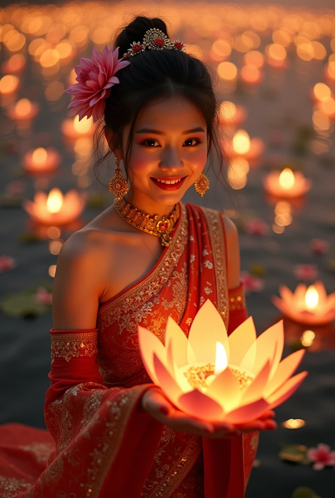 สุขสันต์วันลอยกระทง

Beautiful girl wearing Thai costumes, charming faces. Loi Krathong is one of the most charming Thai traditions in Thailand. It is usually held in November during the full moon day of the twelfth lunar month. It is a beautiful event that symbolizes the end of the rainy season and is a time when Thai people pay respect to the Goddess of Water, the Goddess of Water.During this enchanting festival, the night sky is illuminated with countless floating lanterns, each carrying the hopes and prayers of those who release them. Families gather by rivers and lakes, crafting delicate krathongs—small, lotus-shaped rafts made from ba leaves, flowers, and candles. As they set their krathongs adrift, they make wishes for good fortune, love, and happiness in the coming year.

The atmosphere is filled with laughter and joy, as traditional music and dance performances echo through the air. Young women, adorned in exquisite traditional attire, gracefully dance to celebrate the occasion, showcasing the rich cultural heritage of Thailand. The shimmering waters reflect the glow of the candles, creating a mesmerizing spectacle that captivates the hearts of all who witness it.

Loi Krathong is not just a visual feast; it is also a time for reflection and gratitude. People take a moment to express their appreciation for the water that sustains their lives, acknowledging its importance in their daily existence. This beautiful tradition fosters a deep connection to nature and a sense of community, as friends and families come together to share in the festivities.

As the night unfolds, the sight of thousands of krathongs floating away serves as a reminder of the beauty of letting go—releasing past grievances and welcoming new beginnings. Loi Krathong is a celebration of light, love, and the enduring spirit of the Thai people, making it a truly unforgettable experience for both locals and visitors alike.