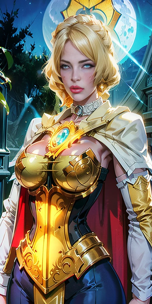 upper body of paladin lady in ornate golden armor, black collar, pauldrons, breastplate, corset, glowing halo, single braid, blonde, yellow glowing eyes, bright pupils, eye focus, red cape, temple indoors, stained glass windows, night, moonlight, particles, light beam, chromatic aberration