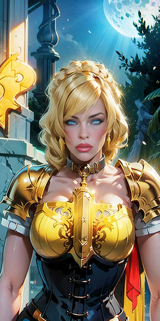 upper body of paladin lady in ornate golden armor, black collar, pauldrons, breastplate, corset, glowing halo, single braid, blonde, yellow glowing eyes, bright pupils, eye focus, red cape, temple indoors, stained glass windows, night, moonlight, particles, light beam, chromatic aberration